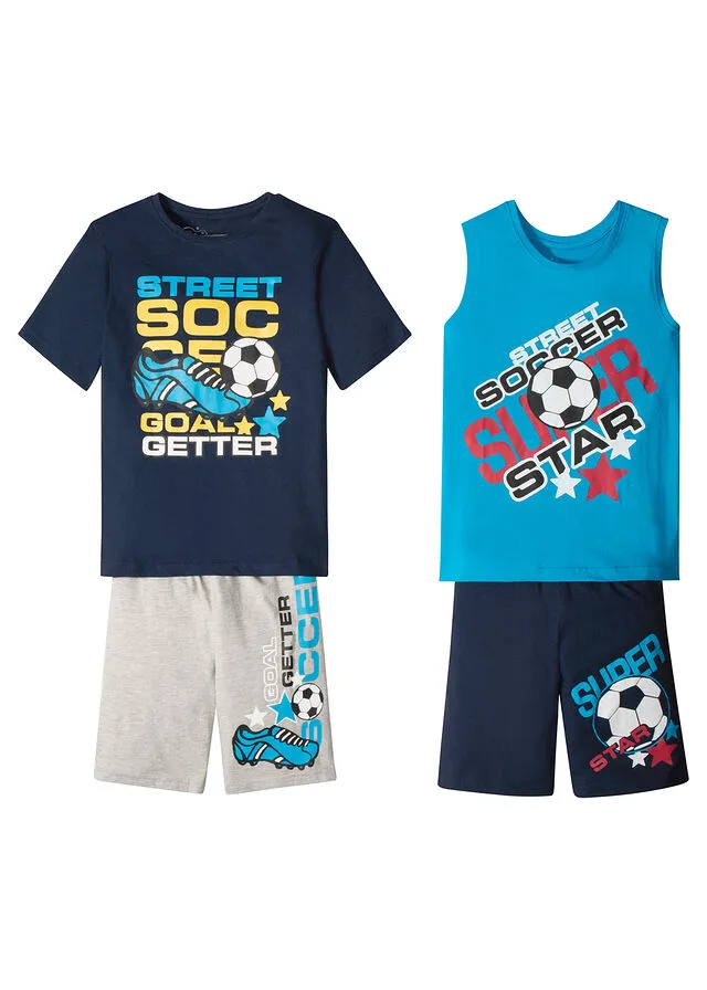 CAMISETA DE MANGA CORTA + CAMISETA SIN MANGAS + BERMUDAS PARA NIñO (4 PIEZAS) AZUL OSCUROTURQUESAGRIS ESTAMPADO